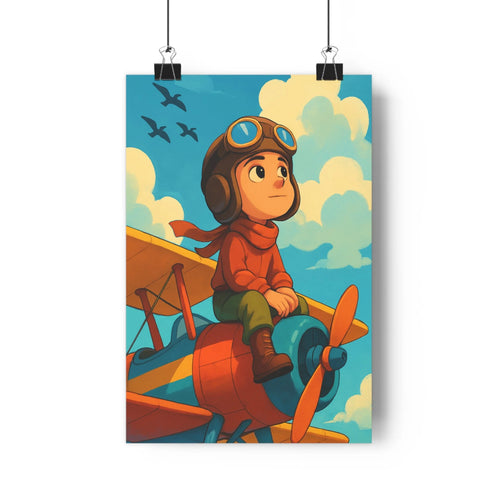 Poster enfant cockpit avion rouge pull orange ciel nuages étagère livres crayons vase pomme exploration cartoon vibrant chambre