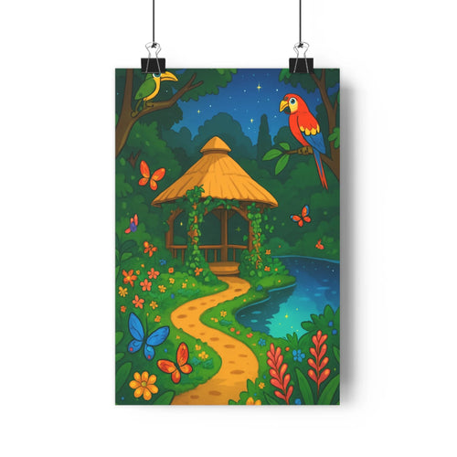 Poster paysage nuit forêt toucan perroquet pavillon fleurs sentier papillons étoiles vert bleu jaune rouge cartoon vibrant écologique chambre salon