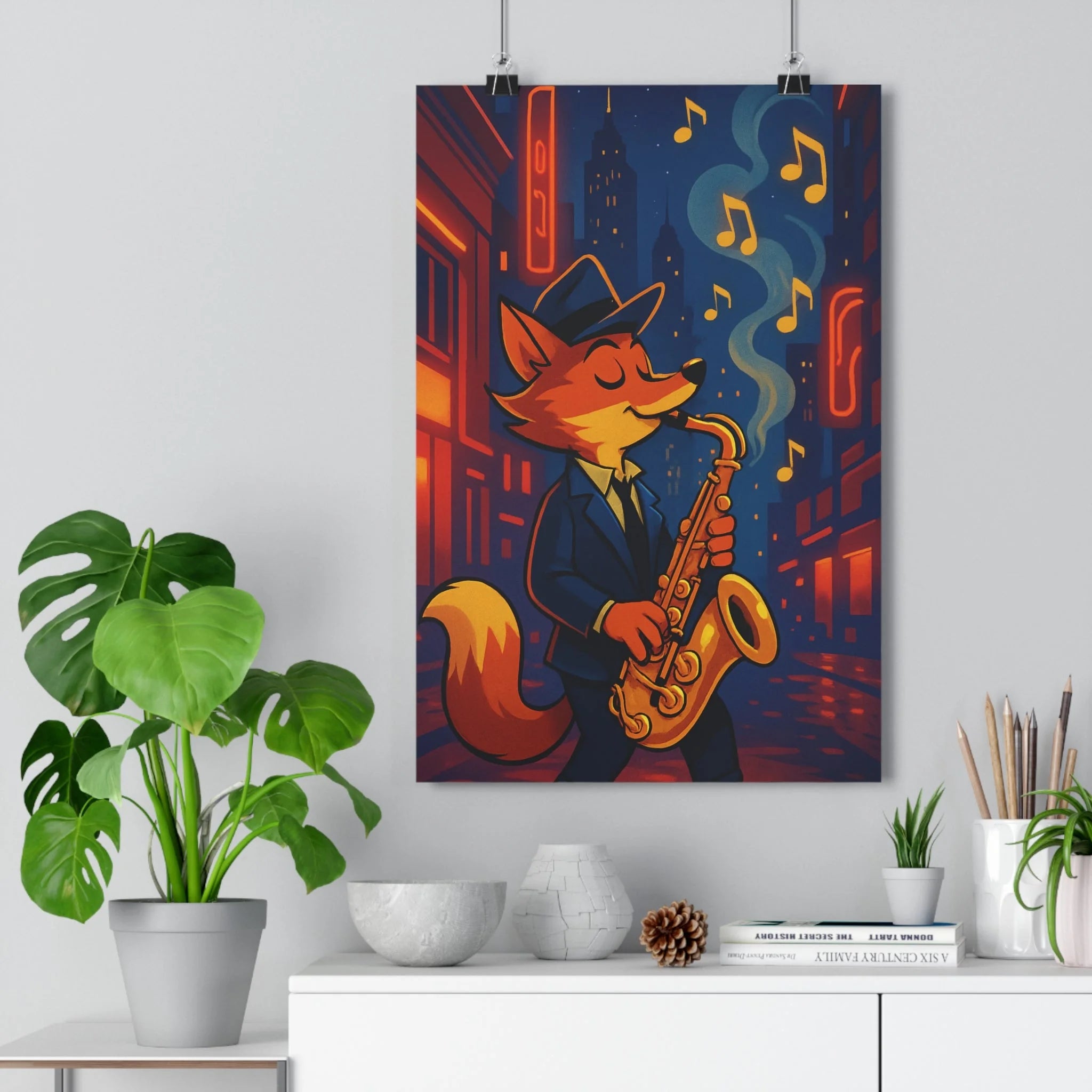 Poster décoratif urbain jazz renard saxophone bleu rouge lumineux nocturne salon moderne vibrant ambiance