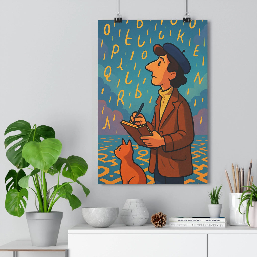 Poster décoratif cartoon jaune orange créatif ludique salon bureau artistique homme chat trenchcoat qualité