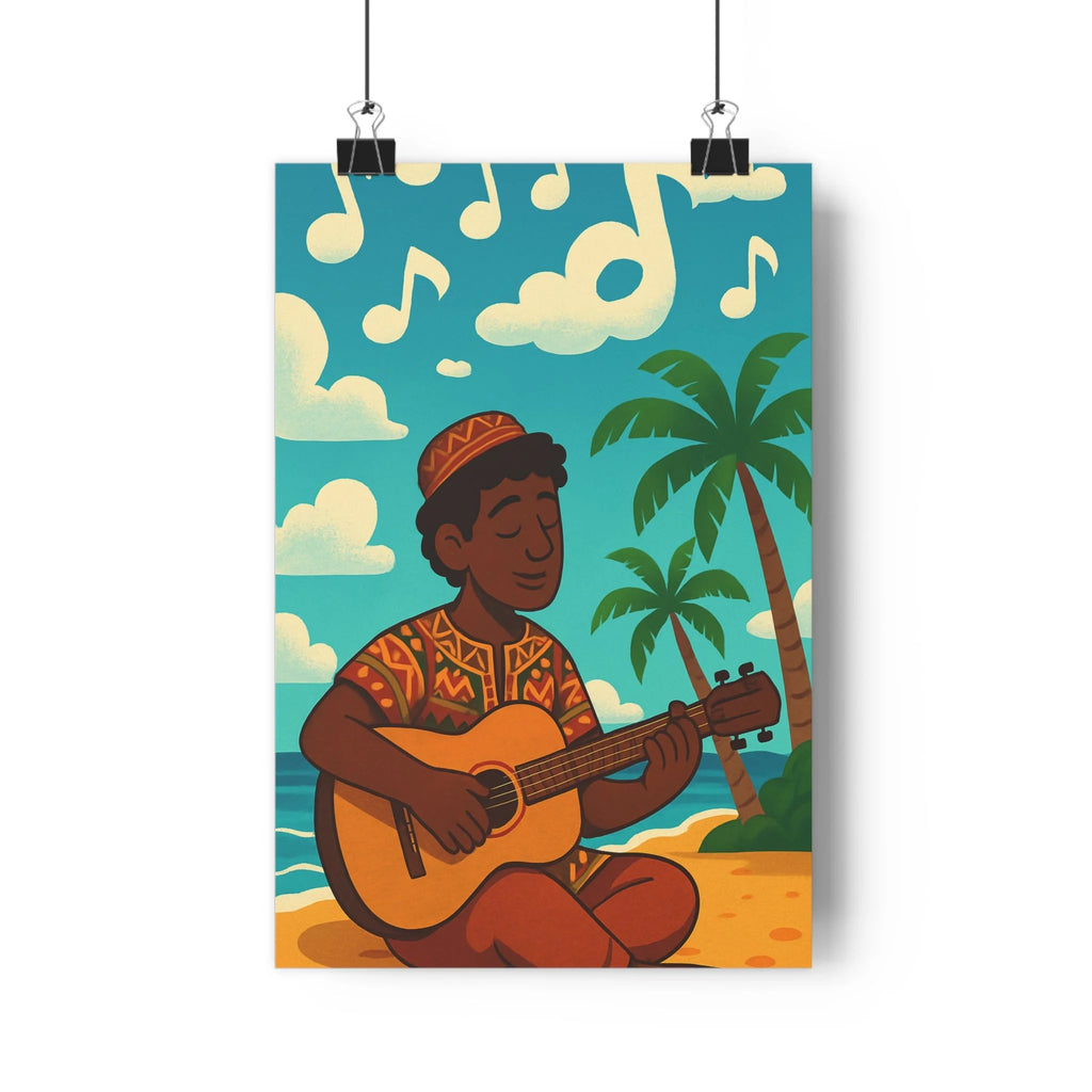 Poster décoratif dessin animé coloré plage joyeux apaisant salon chambre bureau ambiance musique guitare