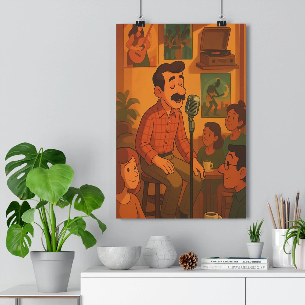 Poster décoratif vintage cartoon brun orange chaleureux salon musique café ambiance rétro microphone qualité