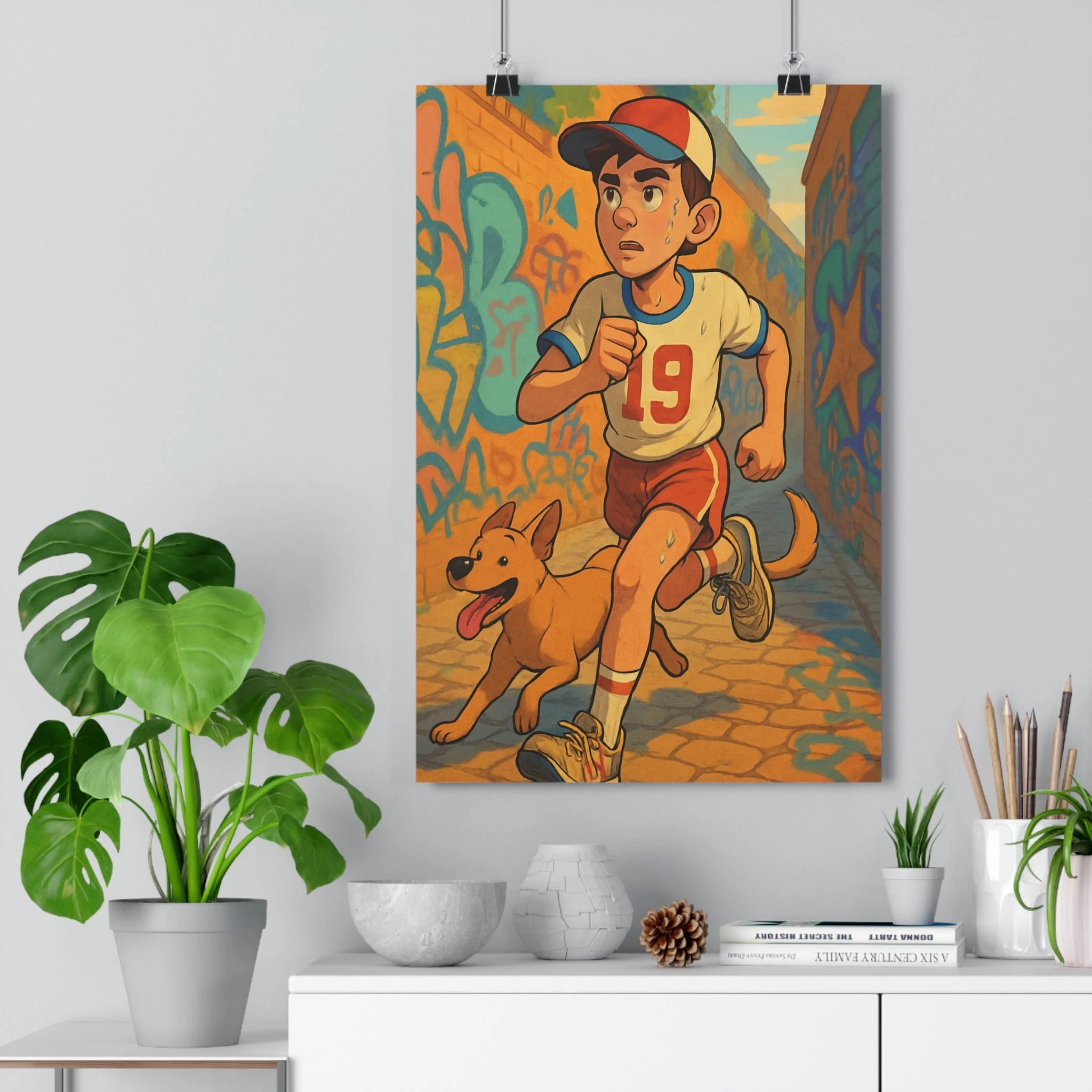 Poster décoratif urbain cartoon moderne joyeux coureur chien graffiti coloré vibrant salon chambre dynamique