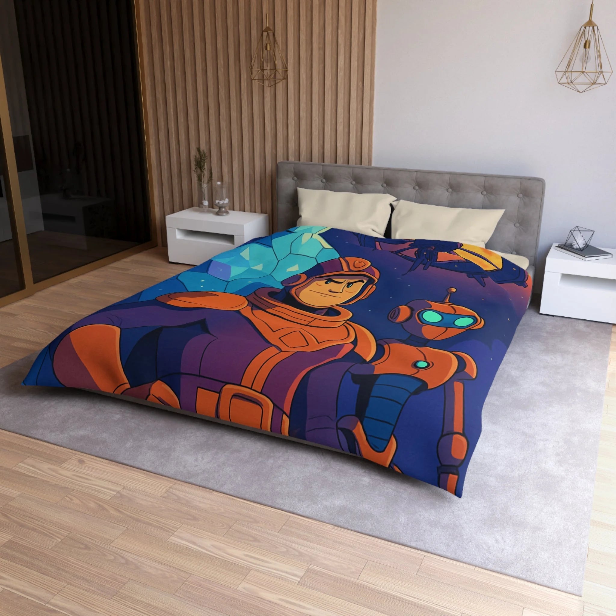 Housse de Couette Space Adventure: Héros, Robot et Alien Sous Lune Éclatante