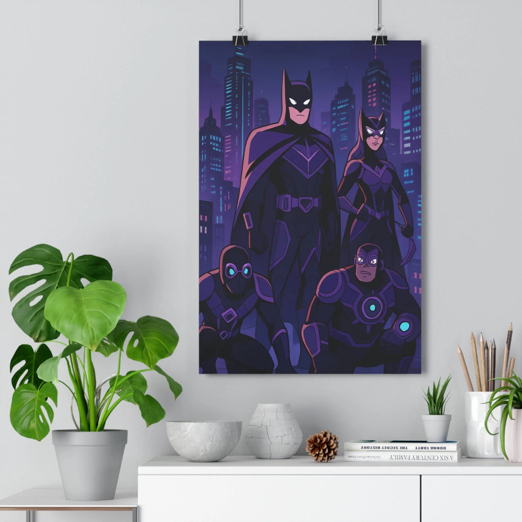 Poster urbain nuit personnages costumés skyline gratte-ciels bleus violacés masque héros femmes mystérieuse dramatique nette précise chambre bureau