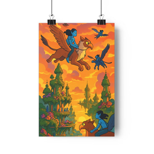 Poster aventure féminines griffons ciel rouge orange ville fantastique tours fleurs multicolore style coloré dynamique contours détails ambiance lumineuse chambre