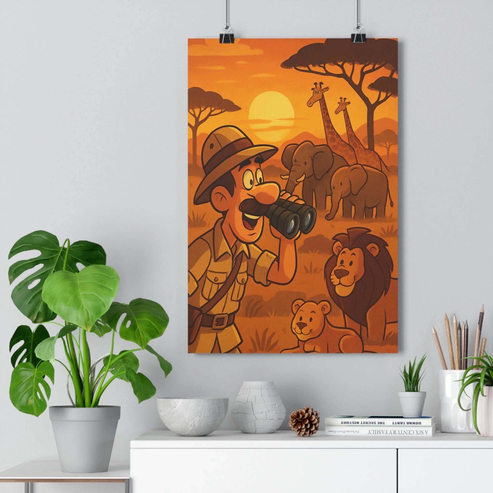 Poster décoratif safari cartoon aventure explorateur éléphants girafes lions chambre enfant joyeux 30x46 cm
