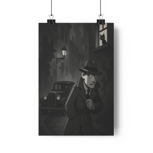 Poster homme chapeau veste rue sombre lanterne murale bâtiments vieux véhicule ancien chat fenêtre ambiance mystérieuse réalisme détails vieillesse solitude