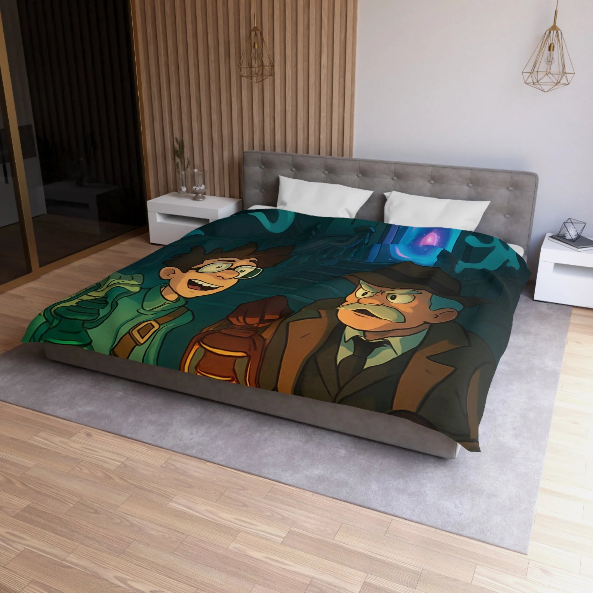 Housse de couette mystère avec lanternes, enquêteurs, fantômes et portail mystérieux