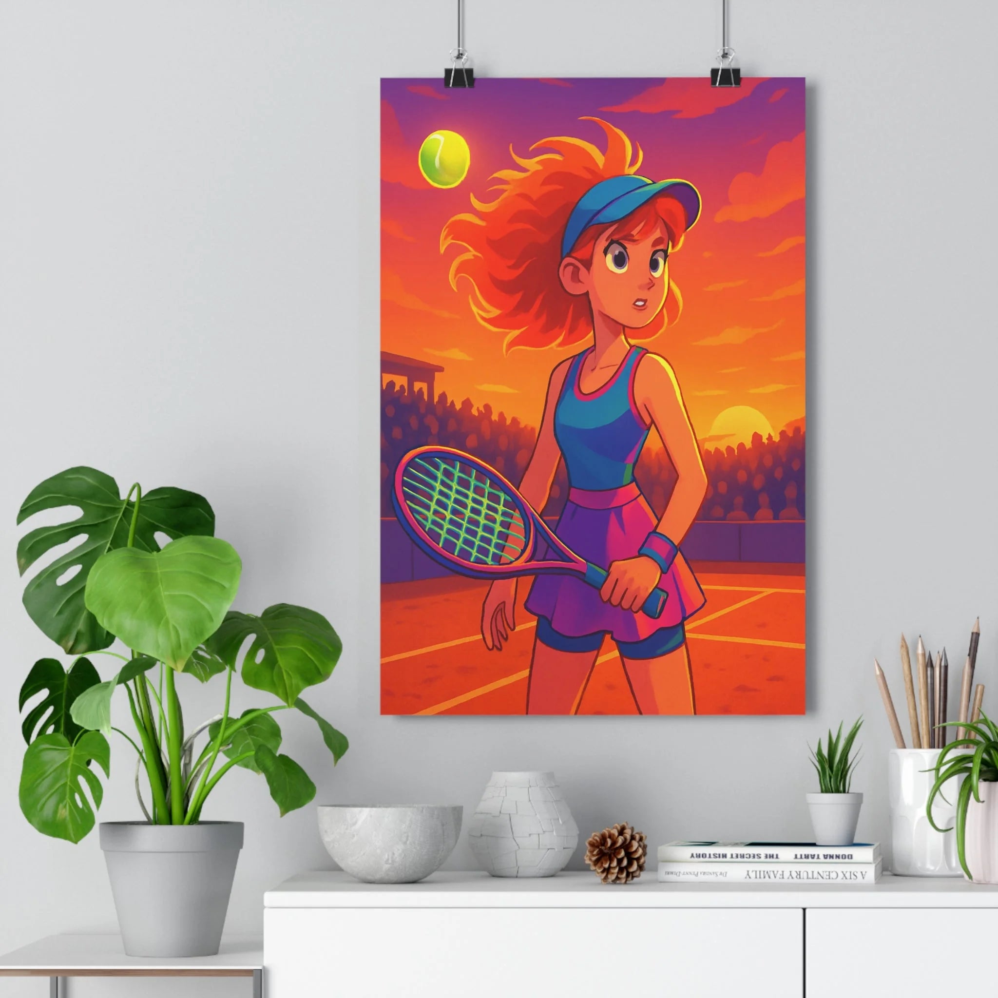 Poster décoratif cartoon vibrant tennis coucher soleil orange violet chambre énergique scène joueuse dynamique
