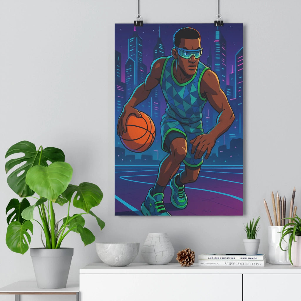 Poster décoratif basketball athlète action dynamique néon futuriste bleu vert orange chambre moderne 30x46