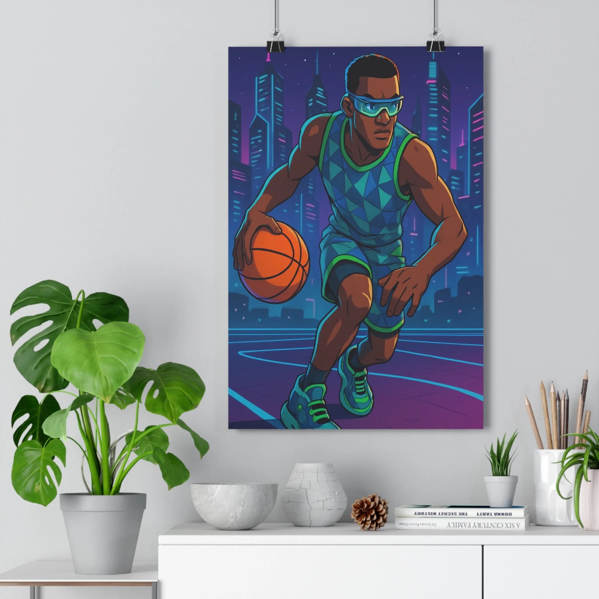 Poster décoratif basketball athlète action dynamique néon futuriste bleu vert orange chambre moderne 30x46