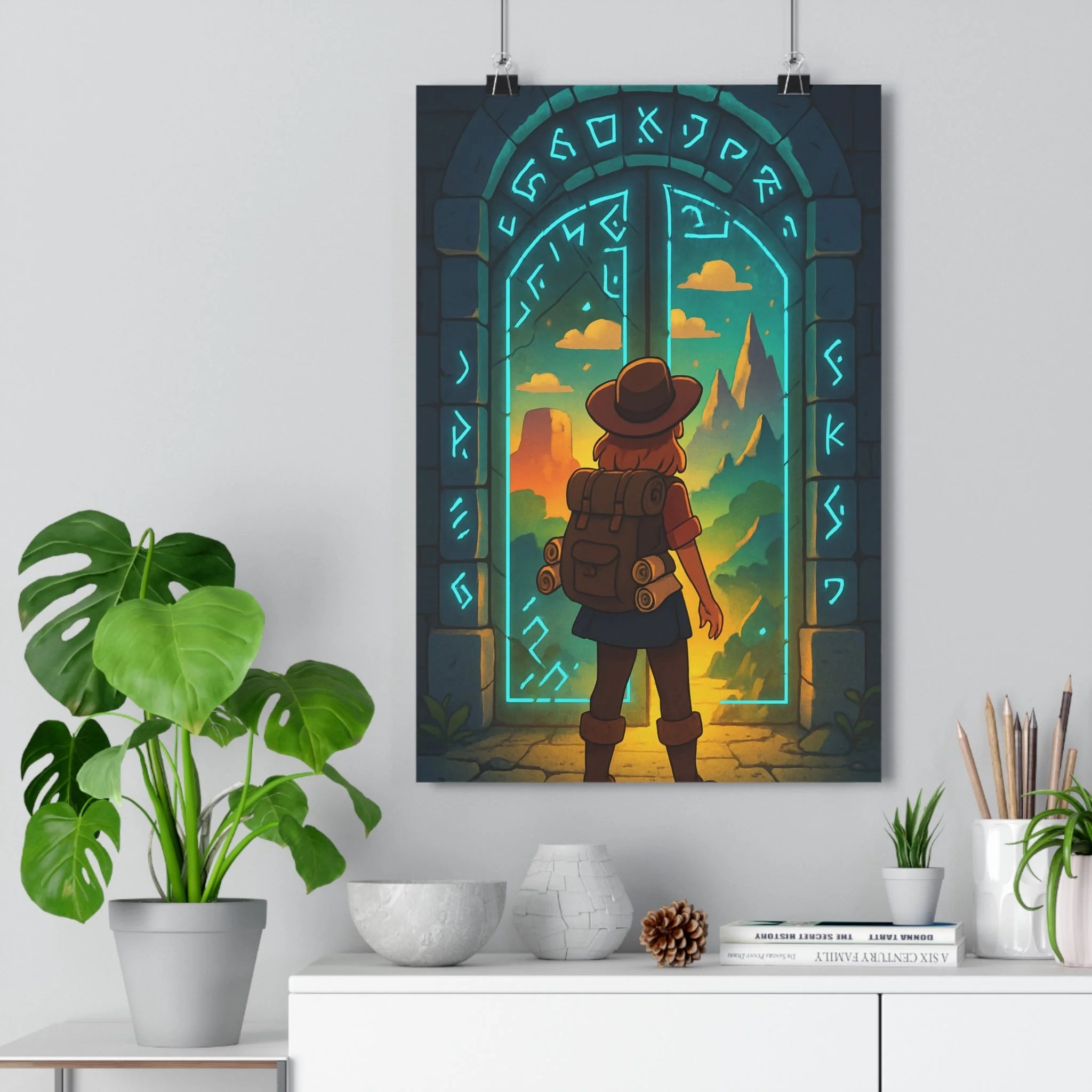 Poster décoratif aventure mystique bleu doré chambre salon moderne symboles mystérieux paysage enchanteur ambiance