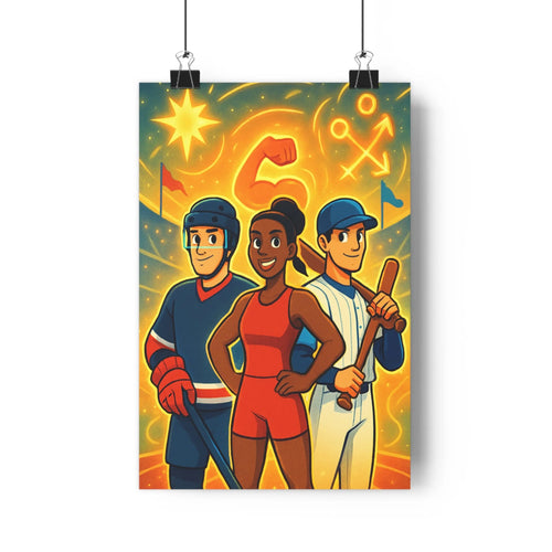 Poster sportif cartoon athlètes hockey baseball souriantes dynamique festivalier contours nets expressions faciales ambiance festive chambre salon