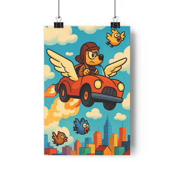 Poster volant chien voiture rouge nuages bleus oiseaux ville colorée plantes vertes livres étagère joyeux enfantin cartoon aventure fantastique