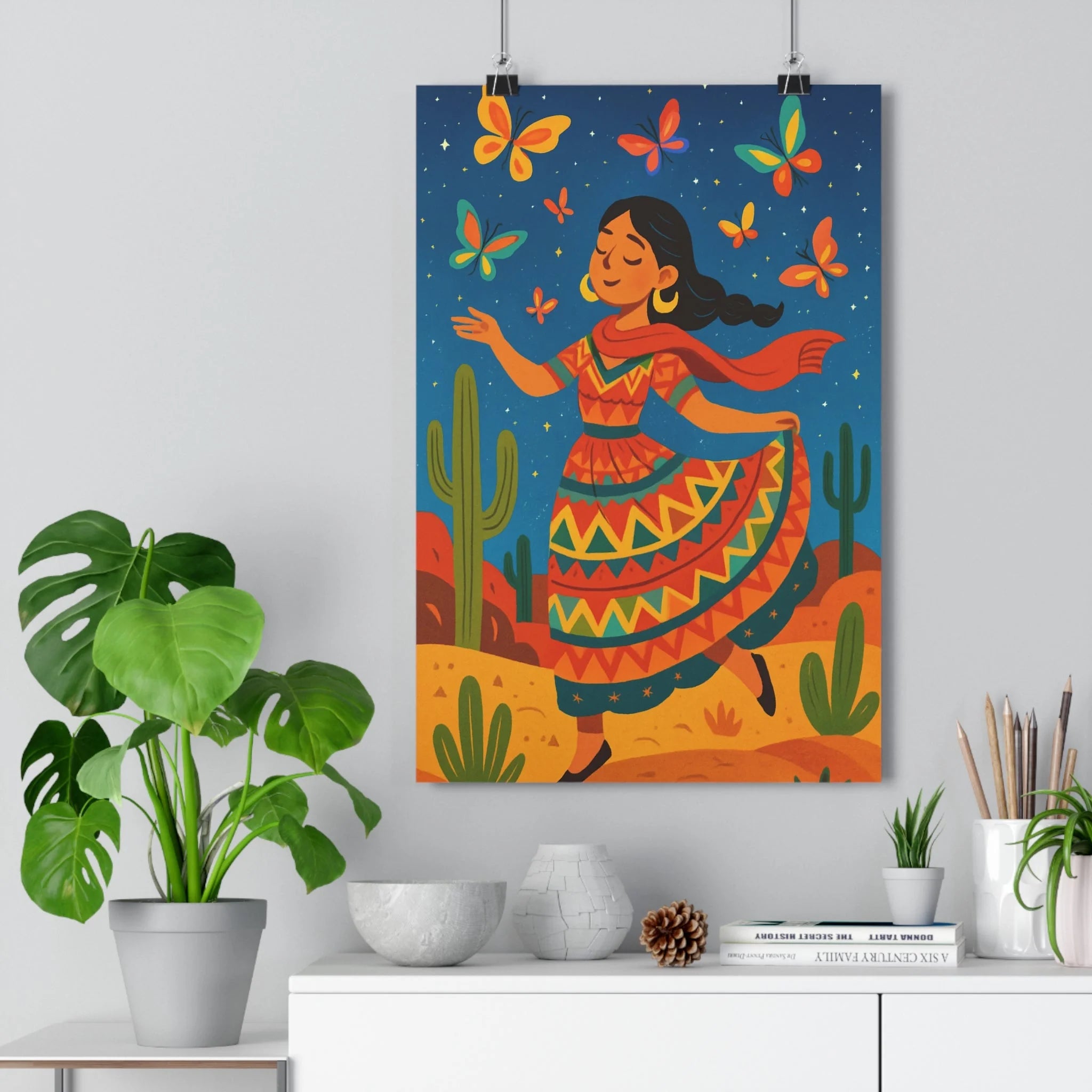 Poster décoratif dessin animé rouge bleu joyeux salon chambre femme papillons géométrique ciel étoilé