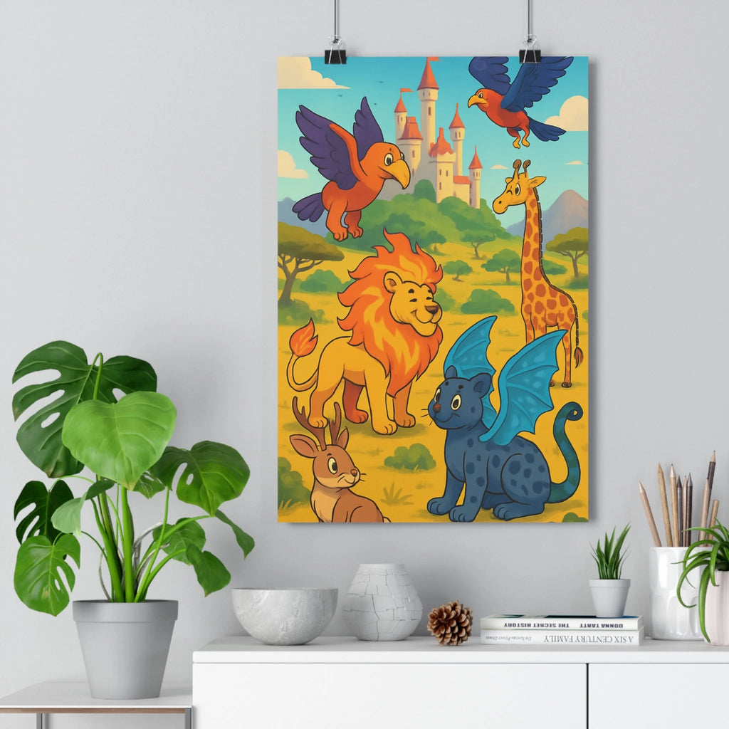 Poster décoratif vibrant lion oiseau girafe château cartoon joyeux coloré chambre enfant fantastique qualité