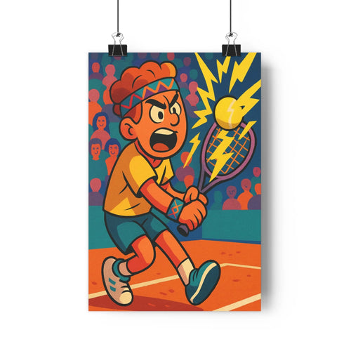 Poster homme tennis concentre balle électrique bleu marron jaune nuit spectators intense vibrant cartoon