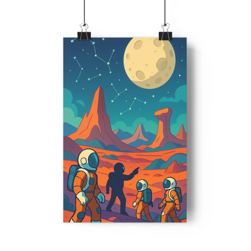 Poster interstellar exploration astronautes combinaisons spatiales planète rocheuse montagnes lune étoiles bleu rouge violet ambiance futuriste bande dessinée salon bureau