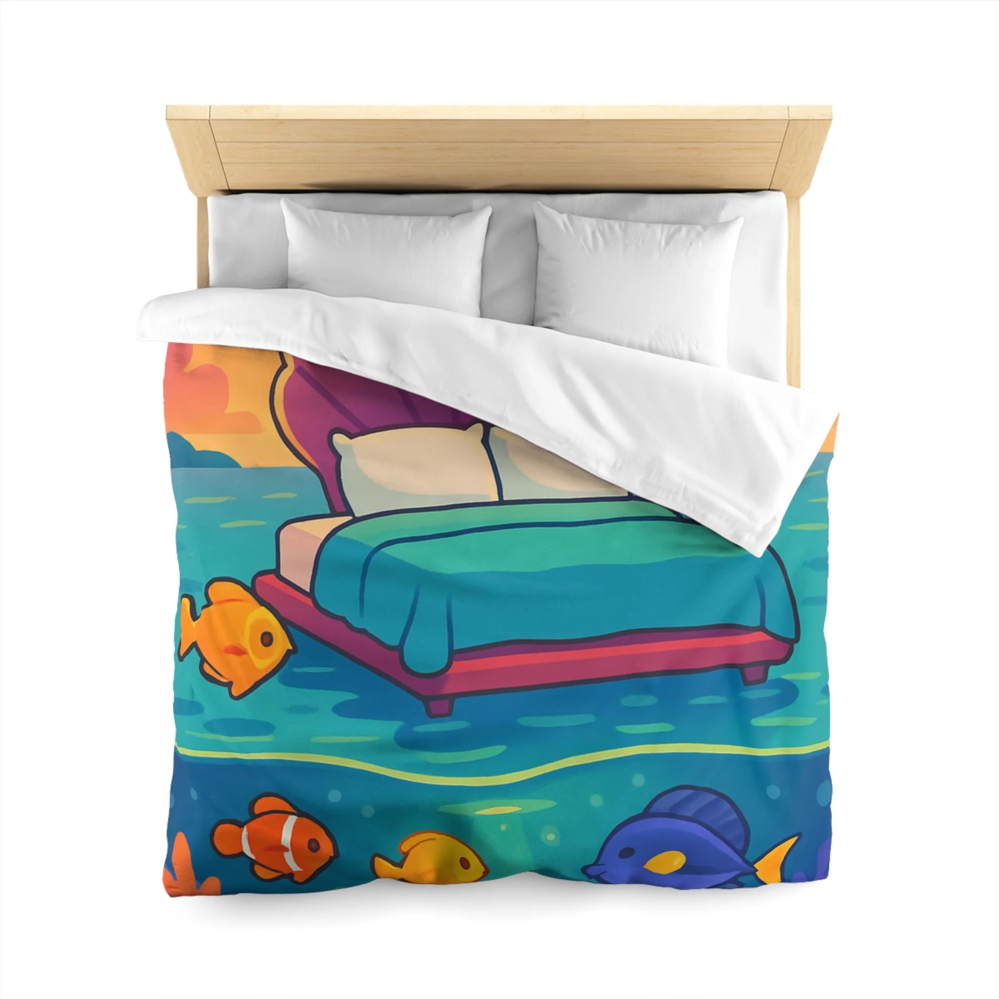 Housse de couette océan, lit coquillage, poissons tropicaux, ambiance coucher de soleil