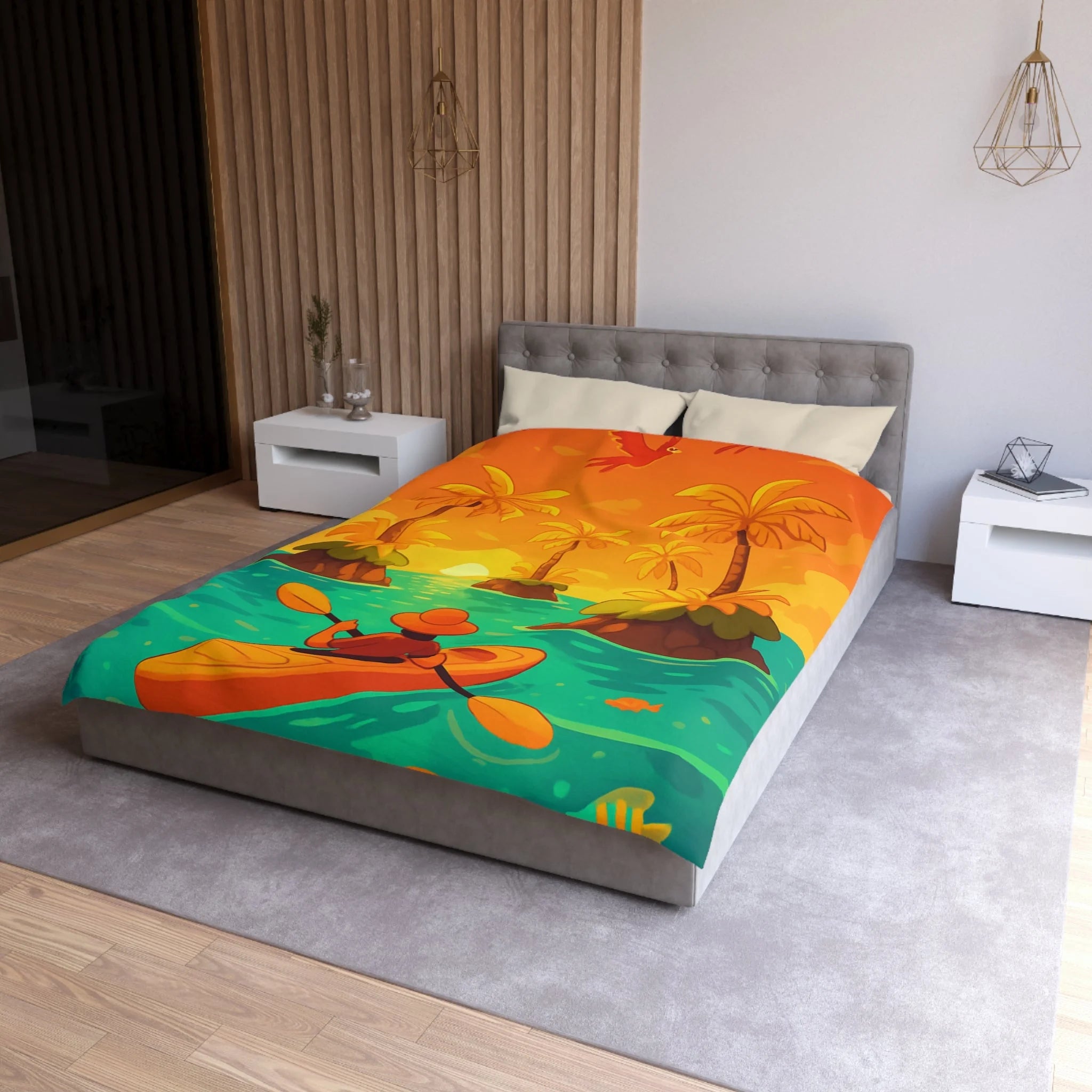 Housse de couette tropicale vibrante avec kayak, palmiers et perroquets au coucher de soleil