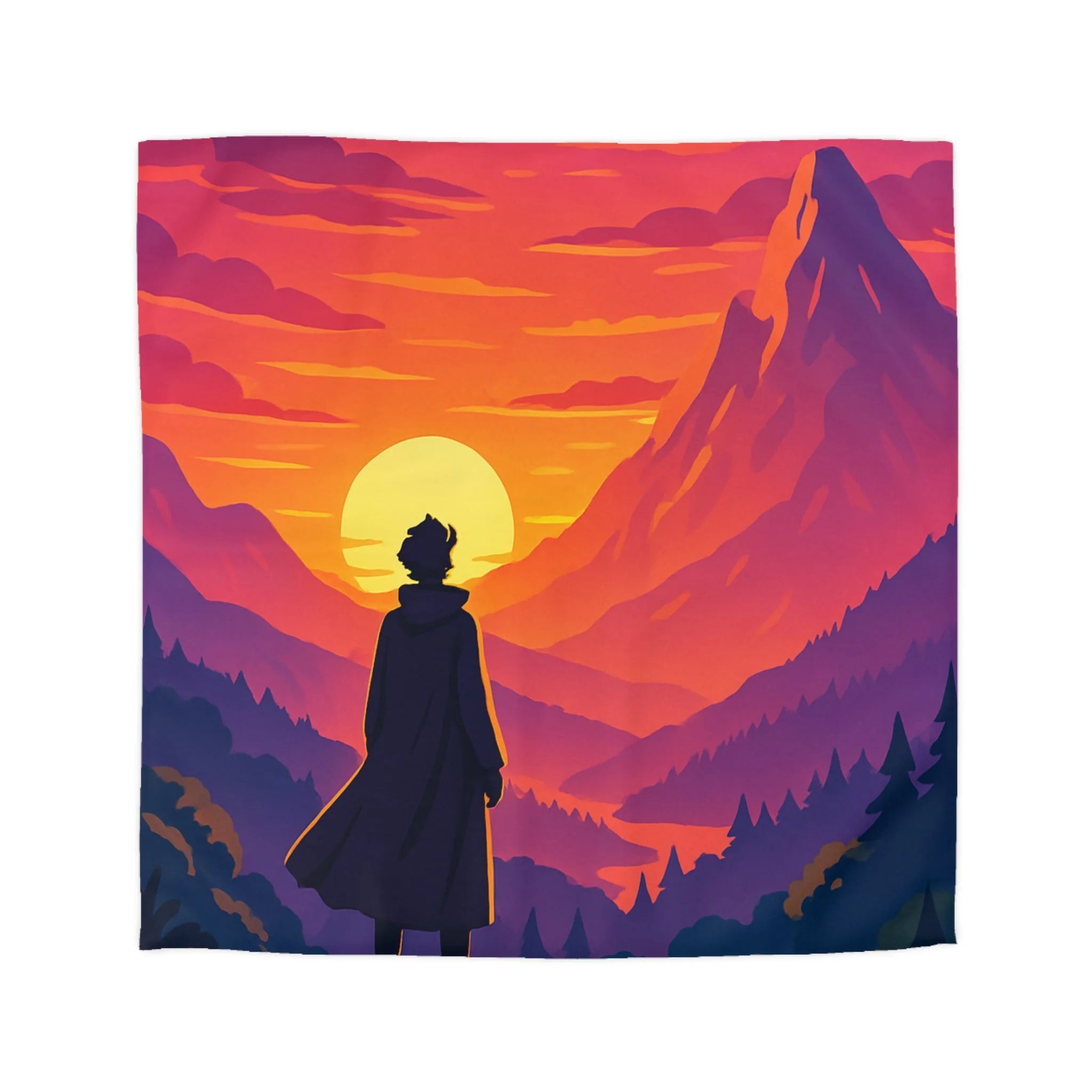 Housse de couette montagnes coucher de soleil silhouette homme paysage artistique vibrant