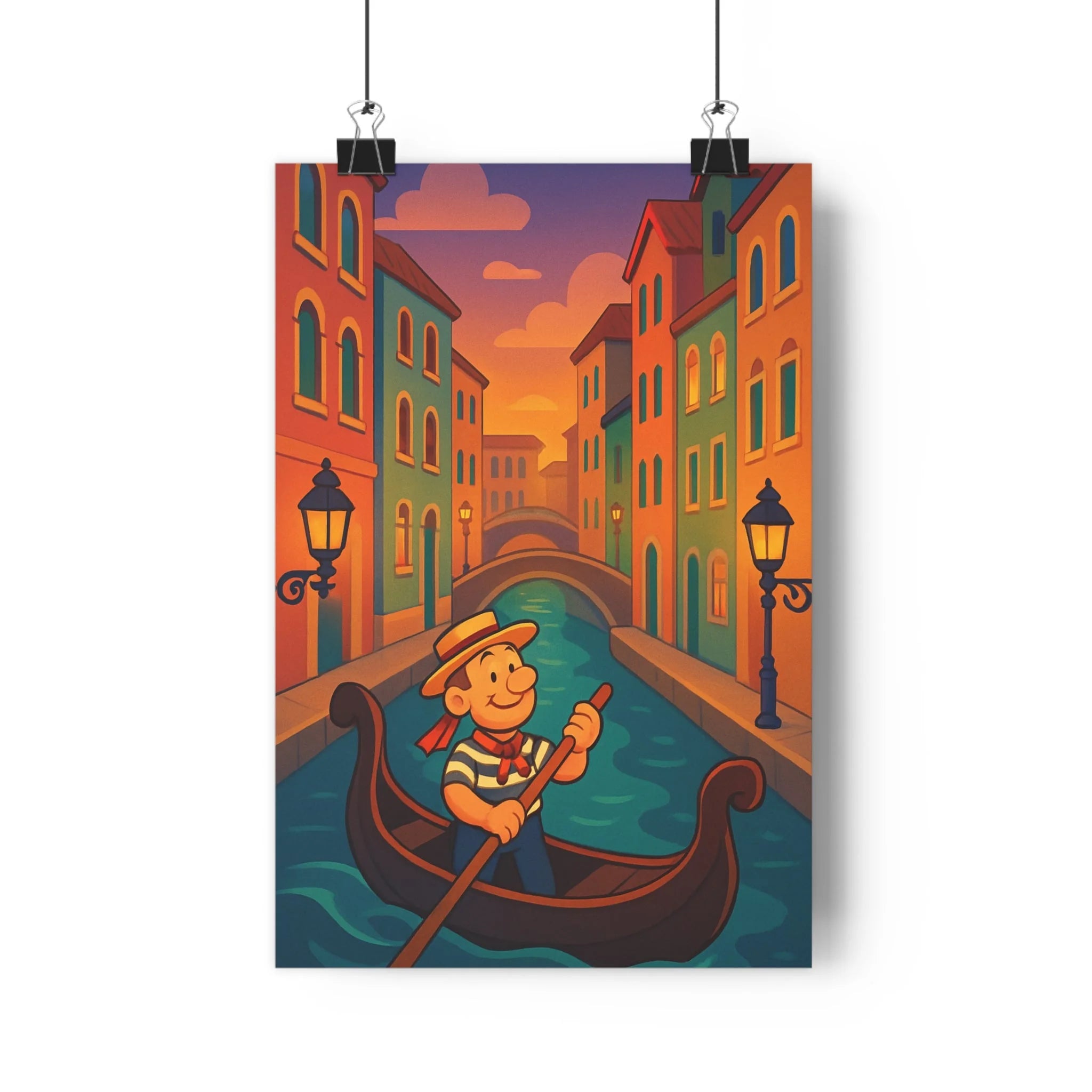 Poster décoratif cartoon romantique Venise bleu orange salon chambre gondolier charmant ambiance italienne unique