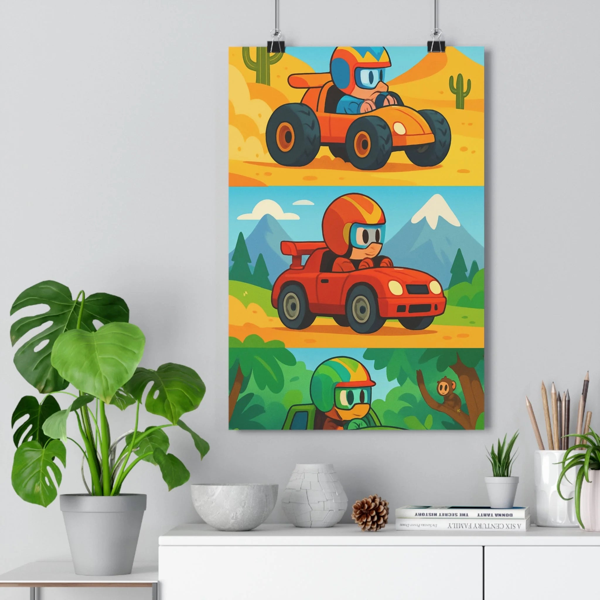 Poster décoratif aventure couleurs vives dessin animé course désert forêt montagnes chambre enfant vibrant