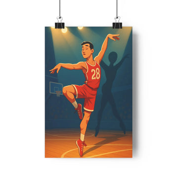 Poster joueur basket rouge numéro concentré terrain lignes blanches plante verte meuble blanc livres cône pin vases ambiance compétitive chambre