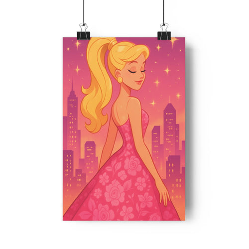 Poster femme blonde robe fleurs ville lumière rose violet étoiles dorées style cartoon doux détails romantique féminin élégant salon chambre