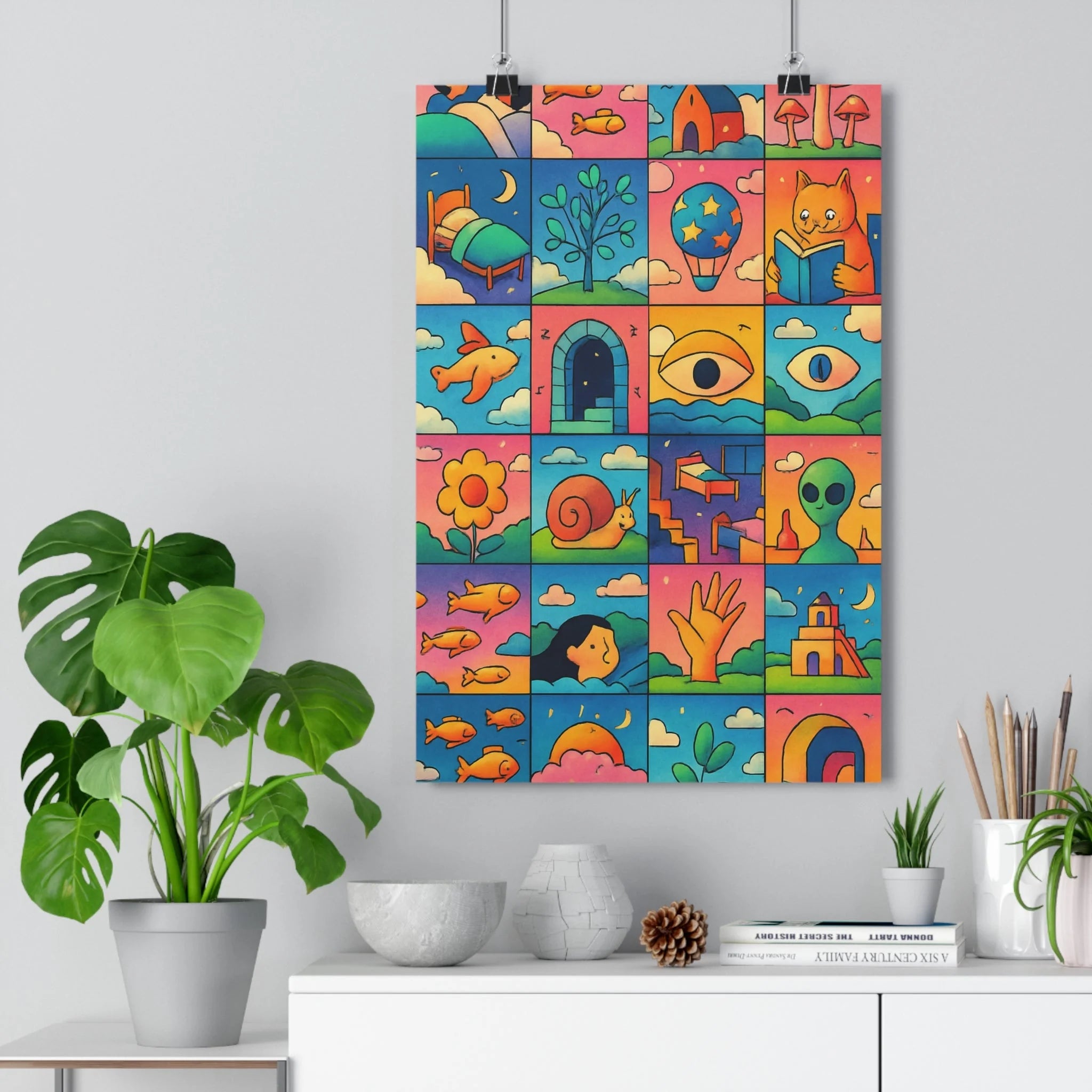 Poster décoratif surréaliste cartoon bleu rose orange vert rêveur ludique chambre salon enfant bureau
