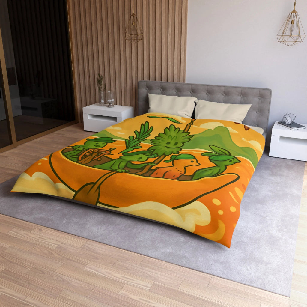 Housse de couette originale avec personnages verts naviguant sur mer orangée ludique