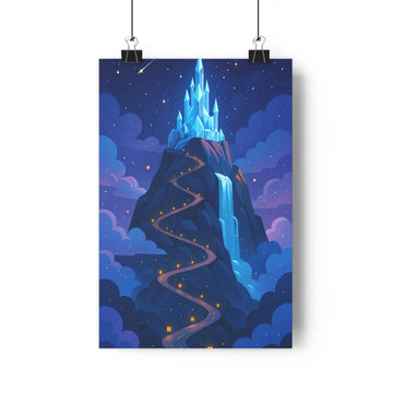 Poster féerique château glace montagne lumineuses étoiles nuages bleu violet doré réaliste détaillé mystérieux magique salon chambre