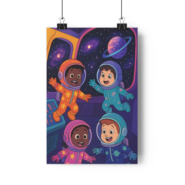 Poster enfants espaces spatiaux cabine vaisseau étoiles planète bleu violet doré rose expressions joyeuses aventure exploration chambre salon