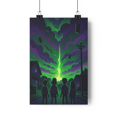 Poster silhouettes nuit verte violette mystique minimaliste ombres douces maison poteau électrique rue pavée salon chambre ambiance surnaturelle lumière inhabituelle