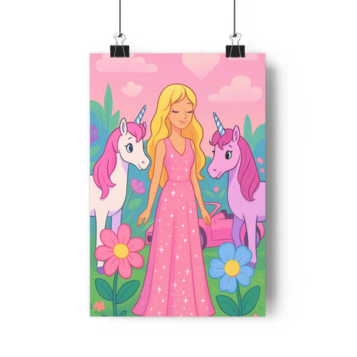 Poster féerique licorne rose blonde robe pailletée fleurs colorées nuages coeurs ambiance joyeuse chambre enfant style cartoon vibrant enchanté