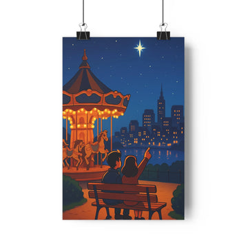 Poster romantique nuit carrousel équestre lumière dorée parc banc personnages ville éclairée tour étoile brillante ambiance sereine style illustratif couleurs