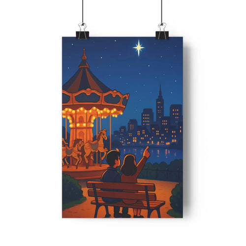 Poster décoratif rêveur animé pastel romantique nocturne parisien salon apaisant nuit magique ambiance étoiles
