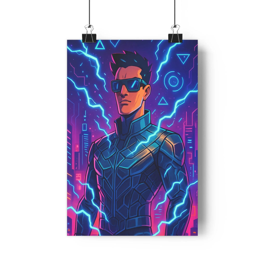 Poster homme en costume lunettes soleil bleu rose éclair lumière future géométrique moderne simple objet vases livres plante verte chambre