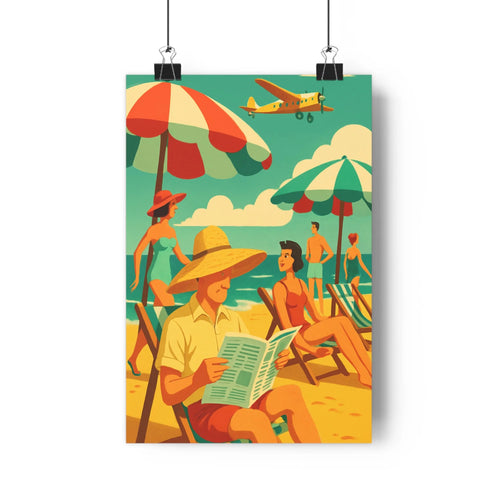 Poster plage joyeuse personnages détente soleil chaise longue parasols colorés ciel bleu nuages avion estival ambiance festive style cartoon couleurs