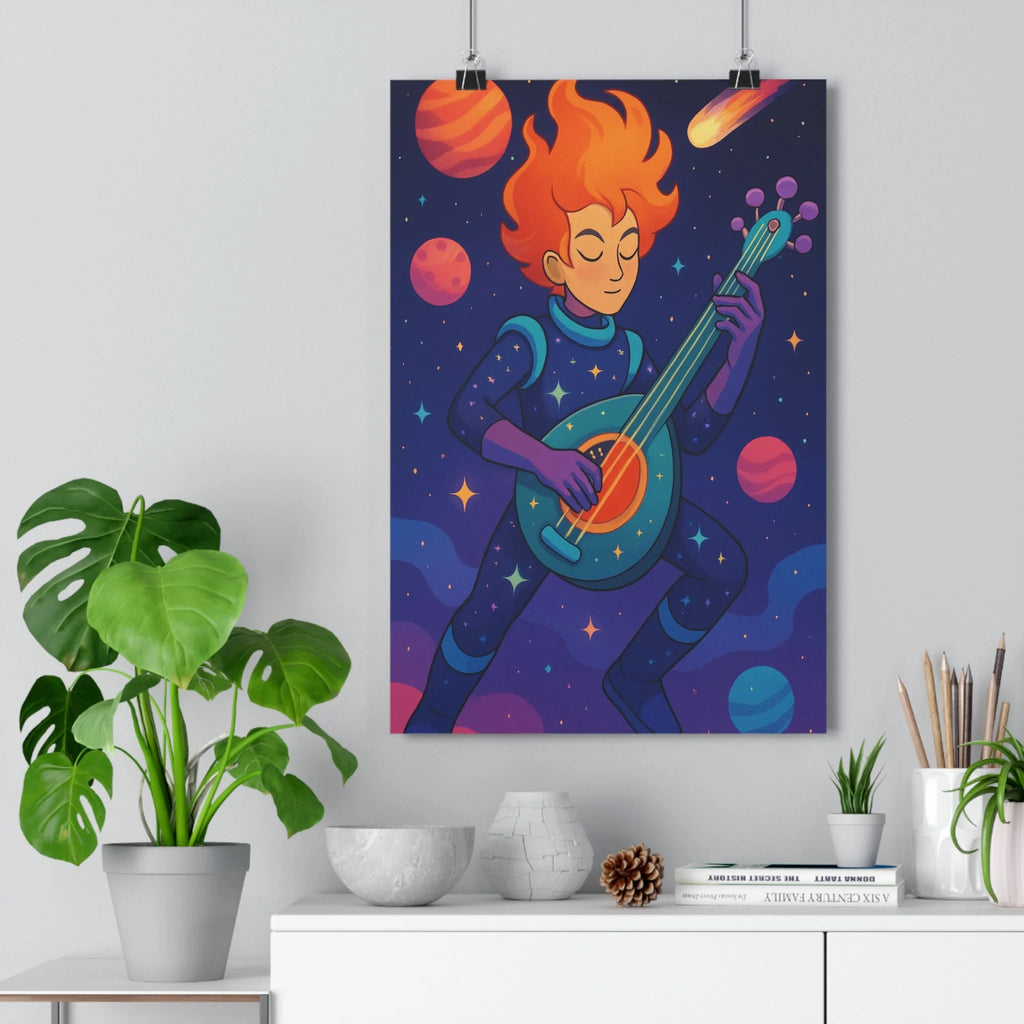 Poster moderne guitariste espace bleu orange violet plantes pots vase comté blanche livres fantastique musical chambre salon
