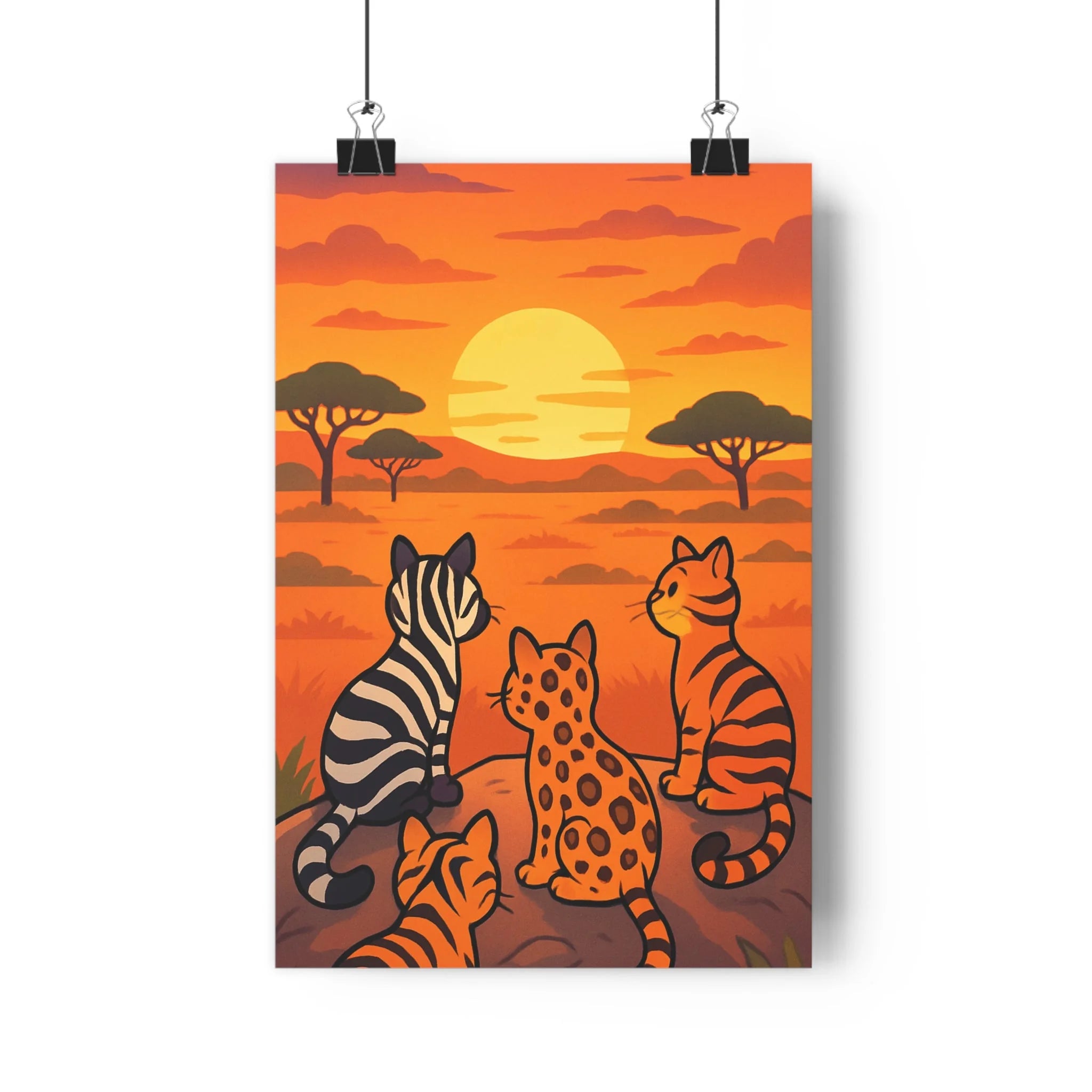 Poster décoratif cartoon chat sauvage aventureux exotique orange jaune savane chambre salon 30x46 cm