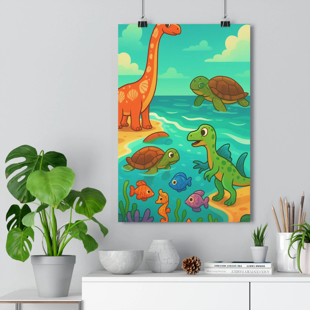 Poster décoratif cartoon dinosaure orange turquoise vert joyeux enfant chambre créatif 30x46 amusant marin
