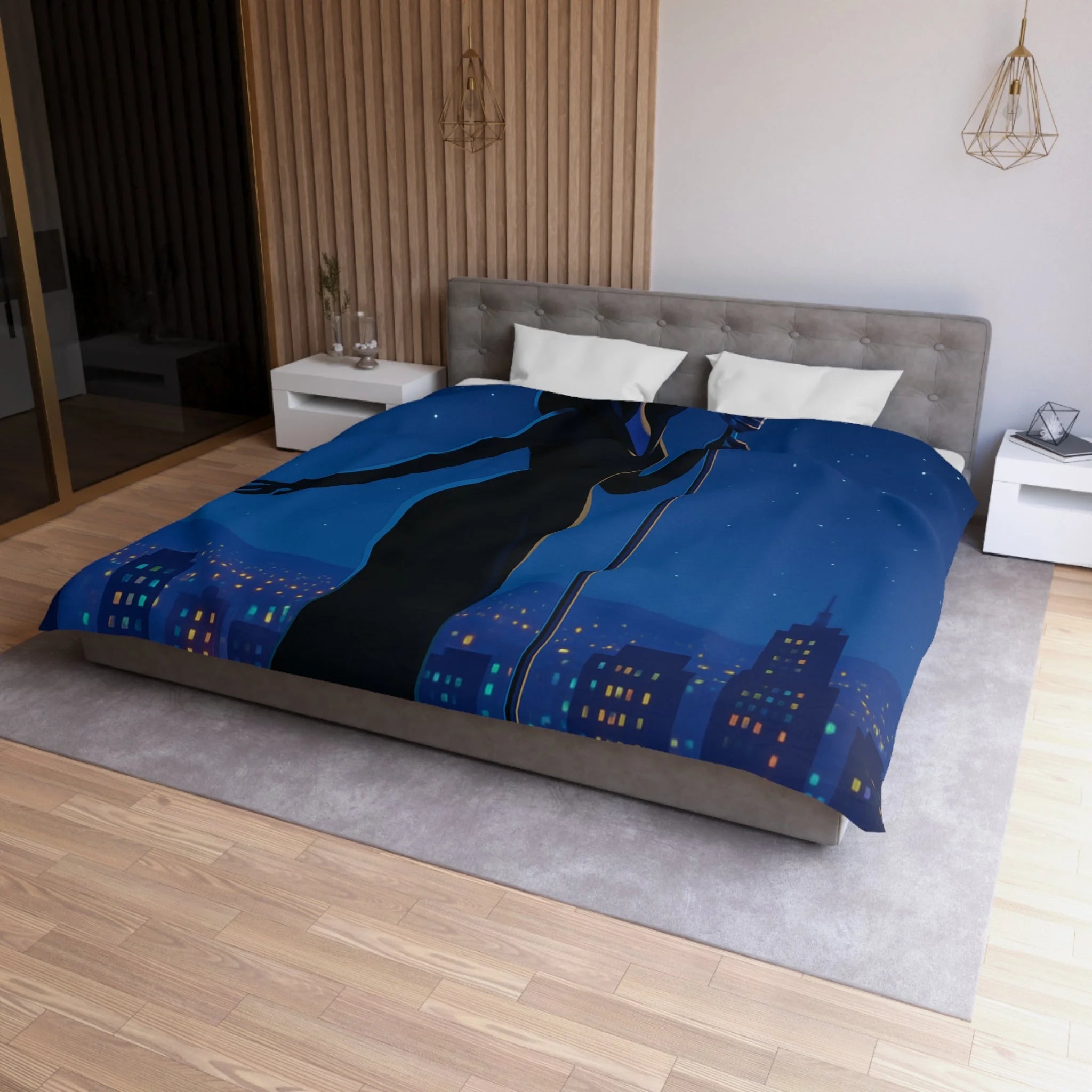 Housse de couette nocturne élégante avec silhouette mystérieuse et micro en arrière-plan urbain