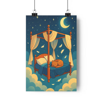 Poster lit nuages rideaux chaton couverture bleue lune étoiles oiseaux ciel nocturne ambiance doucepaisible rêve fantastique