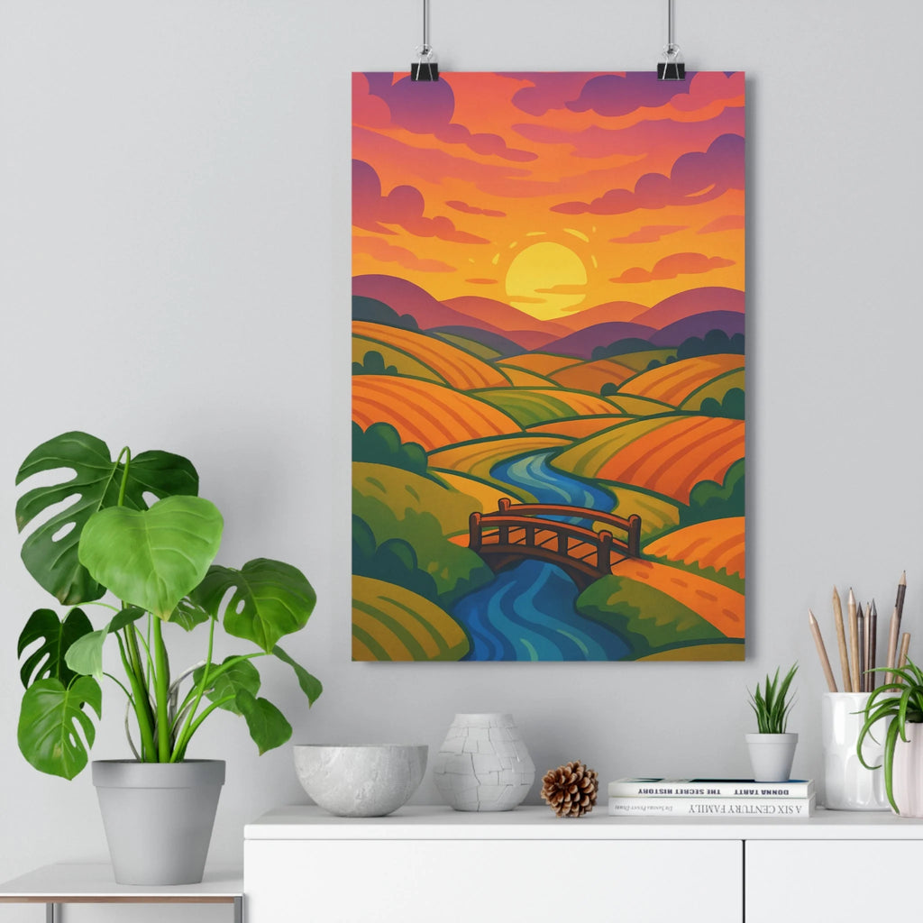 Poster décoratif cartoon coucher soleil vibrant orange rose chambre salon apaisant paysage nature élégant