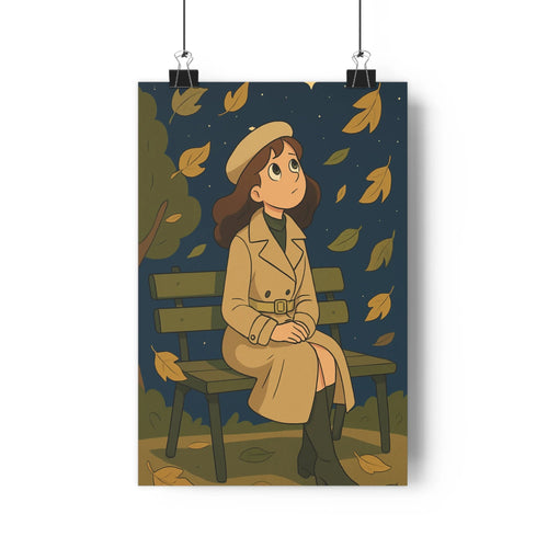 Poster femme automate feuilles-mortes parc banc manteau-beige casquette-marron ambiance-calme style-graphique doux-coloré contours-nets détails-soignes salon-chambre-elégant