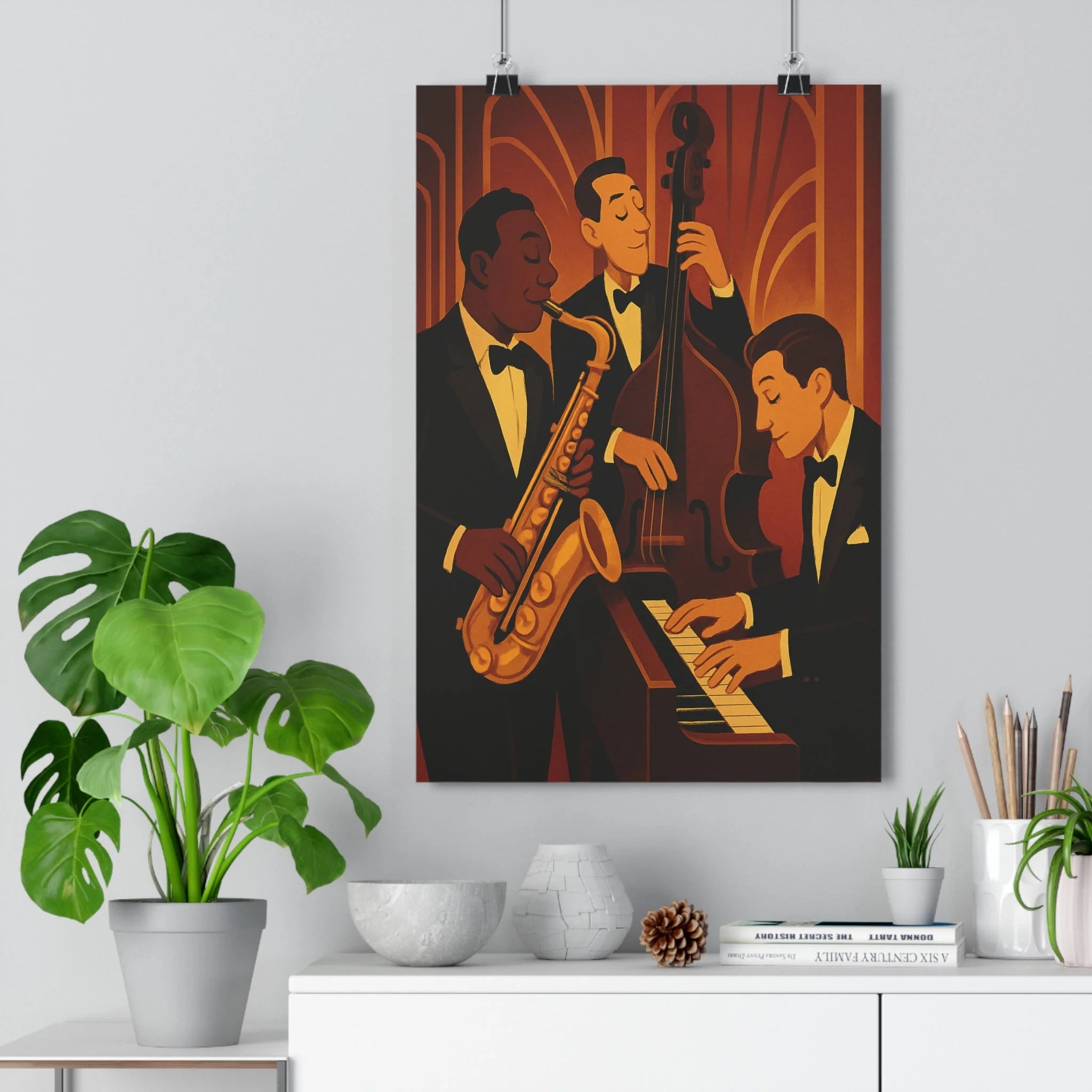 Poster décoratif vintage jazz brun or salon nostalgique élégant rétro animation ambiance sophistiquée musique