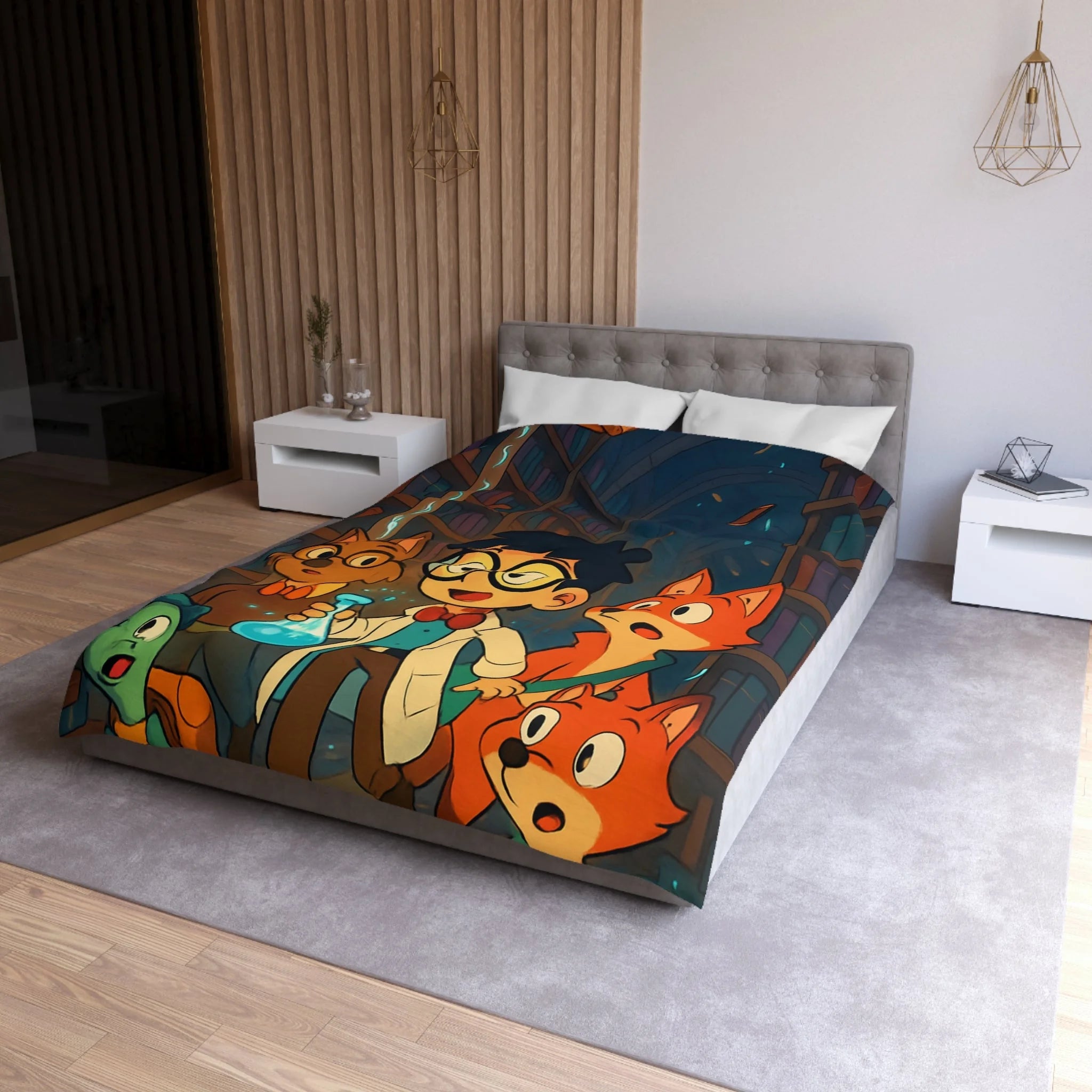Housse de couette pour enfants avec dessin animé de bibliothèque magique et animaux curieux