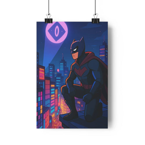 Poster superhéros costume noir cape rouge paysage urbain nocturne lumières colorées cercle lumineux bleu nuit motifs minimalistes ambiance calme chambre